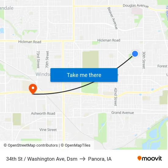 34th St / Washington Ave, Dsm to Panora, IA map