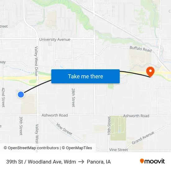 39th St / Woodland Ave, Wdm to Panora, IA map