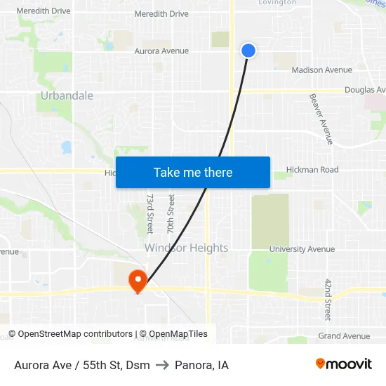 Aurora Ave / 55th St, Dsm to Panora, IA map