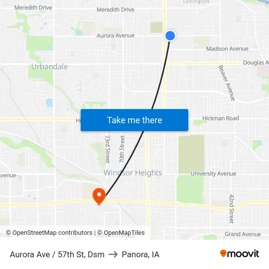 Aurora Ave / 57th St, Dsm to Panora, IA map