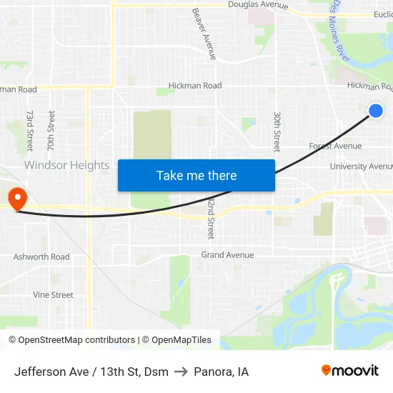 Jefferson Ave / 13th St, Dsm to Panora, IA map