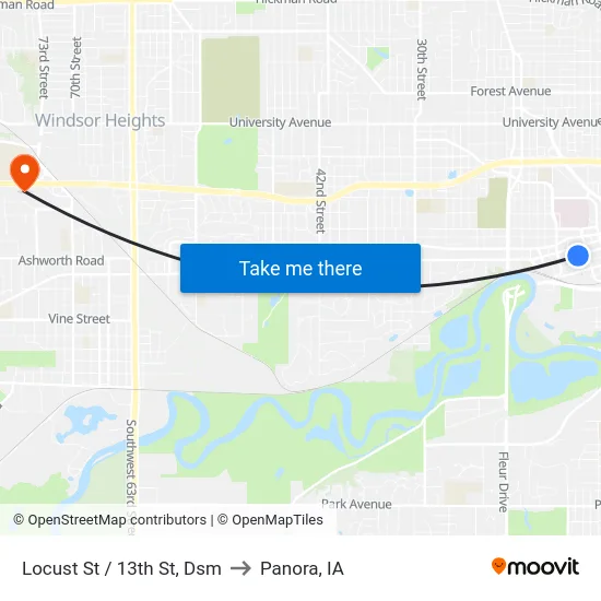 Locust St / 13th St, Dsm to Panora, IA map