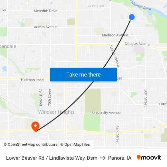 Lower Beaver Rd / Lindlavista Way, Dsm to Panora, IA map