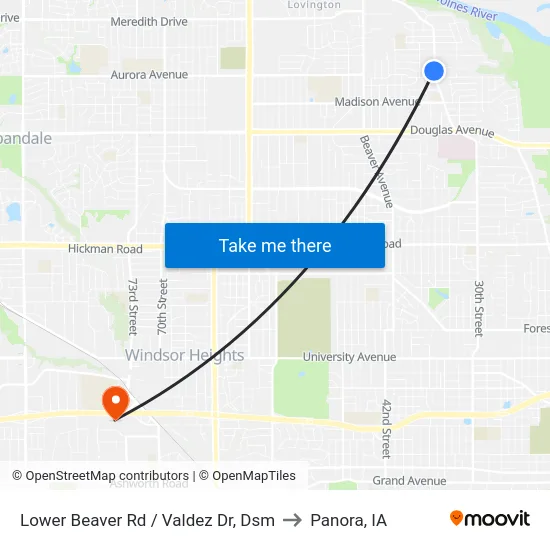 Lower Beaver Rd / Valdez Dr, Dsm to Panora, IA map