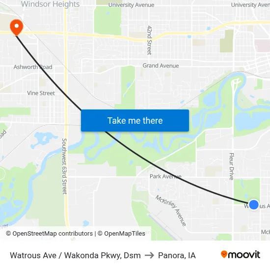 Watrous Ave / Wakonda Pkwy, Dsm to Panora, IA map