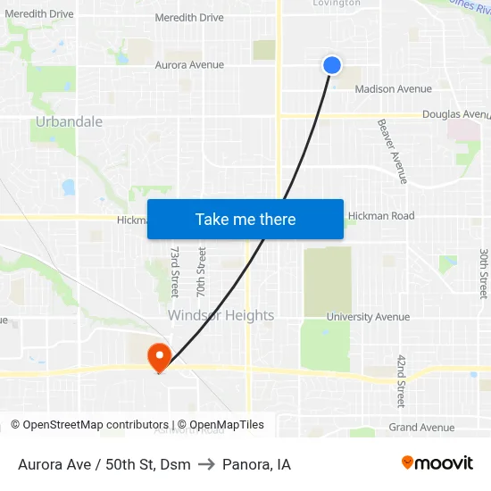 Aurora Ave / 50th St, Dsm to Panora, IA map