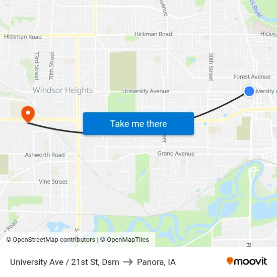 University Ave / 21st St, Dsm to Panora, IA map