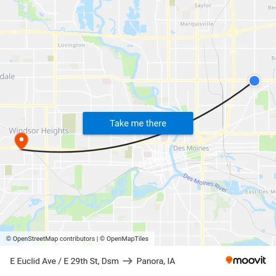E Euclid Ave / E 29th St, Dsm to Panora, IA map