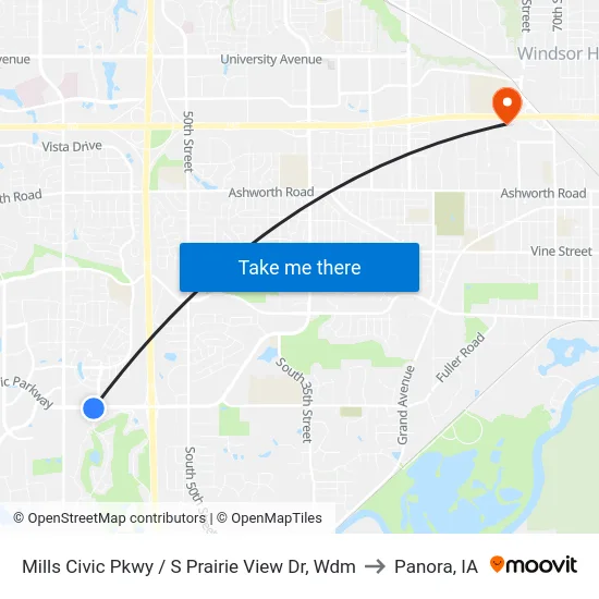 Mills Civic Pkwy / S Prairie View Dr, Wdm to Panora, IA map