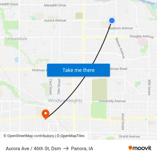 Aurora Ave / 46th St, Dsm to Panora, IA map