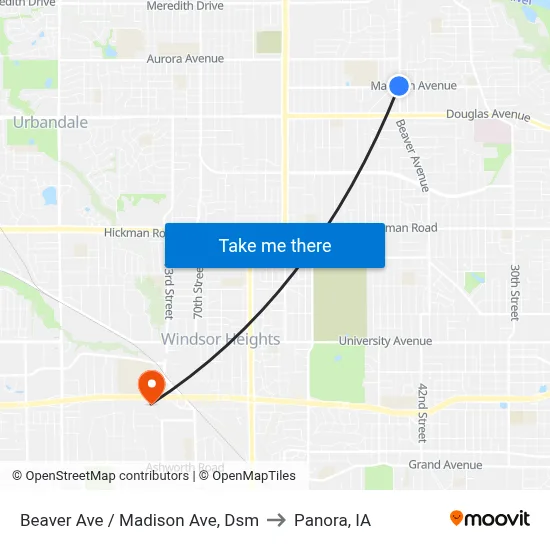 Beaver Ave / Madison Ave, Dsm to Panora, IA map