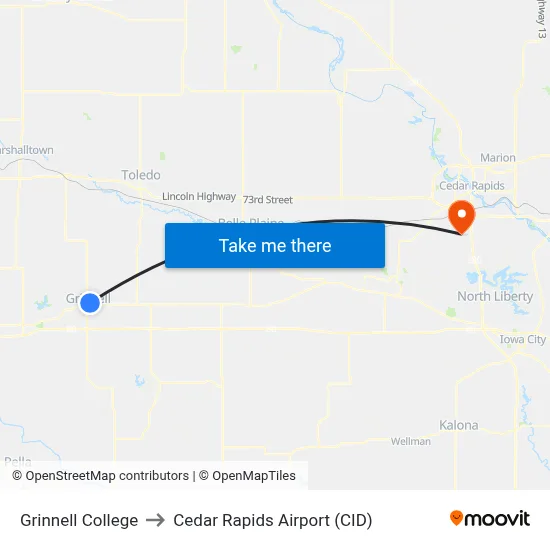 Grinnell College to Cedar Rapids Airport (CID) map
