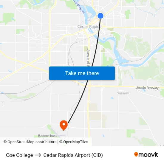 Coe College to Cedar Rapids Airport (CID) map