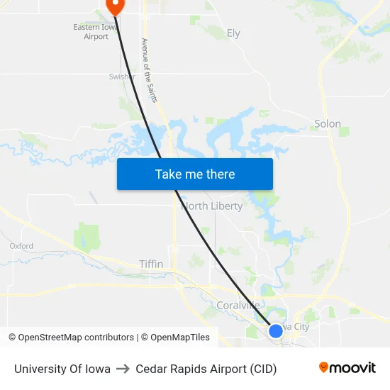 University Of Iowa to Cedar Rapids Airport (CID) map