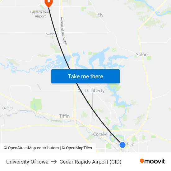 University Of Iowa to Cedar Rapids Airport (CID) map