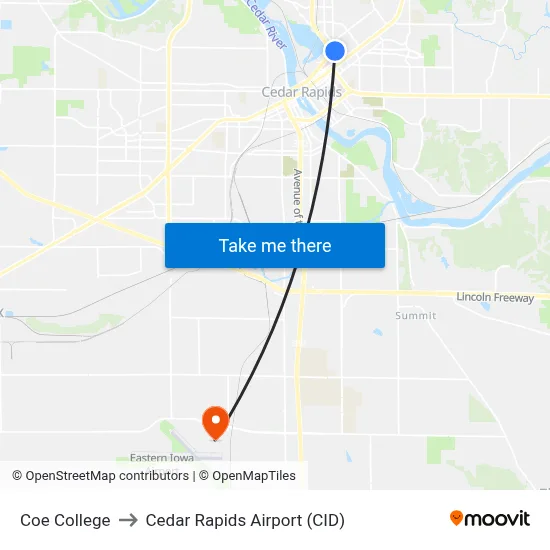 Coe College to Cedar Rapids Airport (CID) map