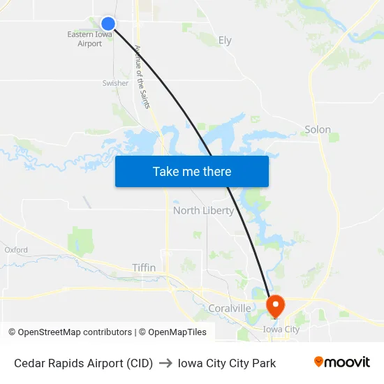 Cedar Rapids Airport (CID) to Iowa City City Park map