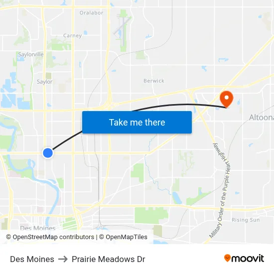 Des Moines to Prairie Meadows Dr map