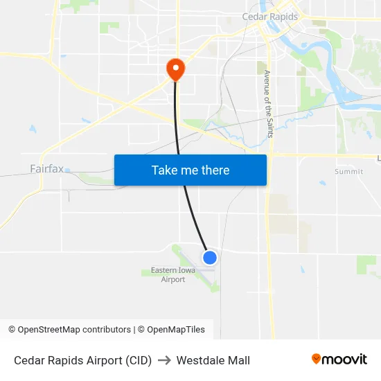 Cedar Rapids Airport (CID) to Westdale Mall map