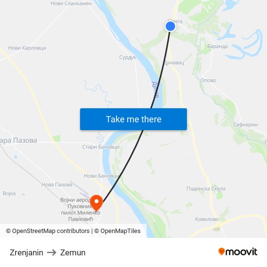 Zrenjanin to Zemun map