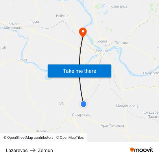 Lazarevac to Zemun map