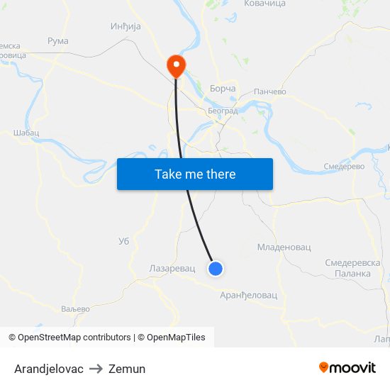 Arandjelovac to Zemun map