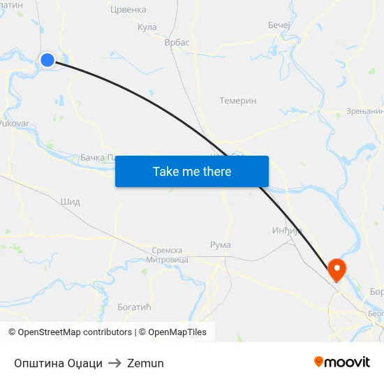 Odžaci Municipality to Zemun map