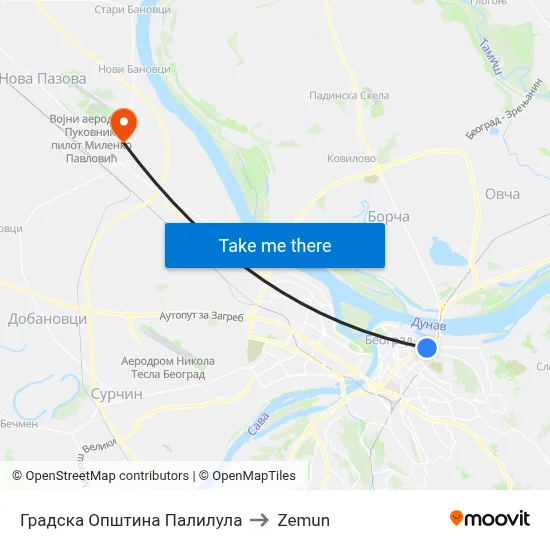 Palilula Municipality to Zemun map