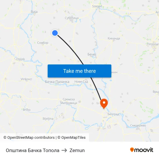 Bačka Topola Municipality to Zemun map