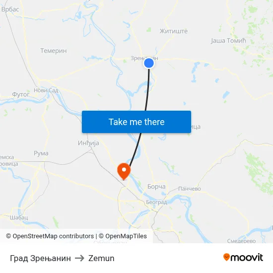 City of Zrenjanin to Zemun map