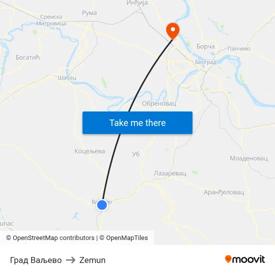 City of Valjevo to Zemun map