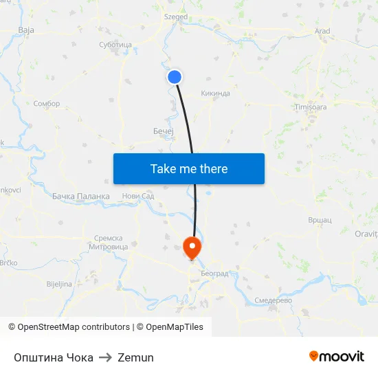 Čoka Municipality to Zemun map