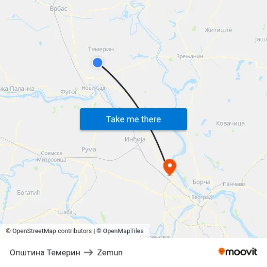 Temerin Municipality to Zemun map