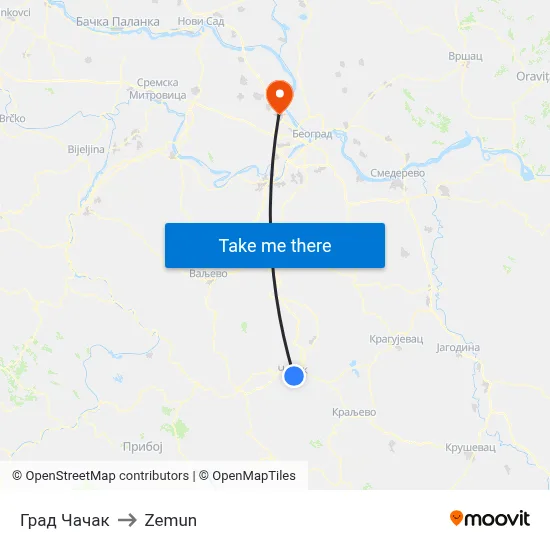 City of Čačak to Zemun map