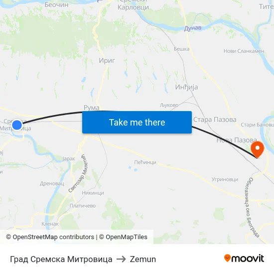 City of Sremska Mitrovica to Zemun map