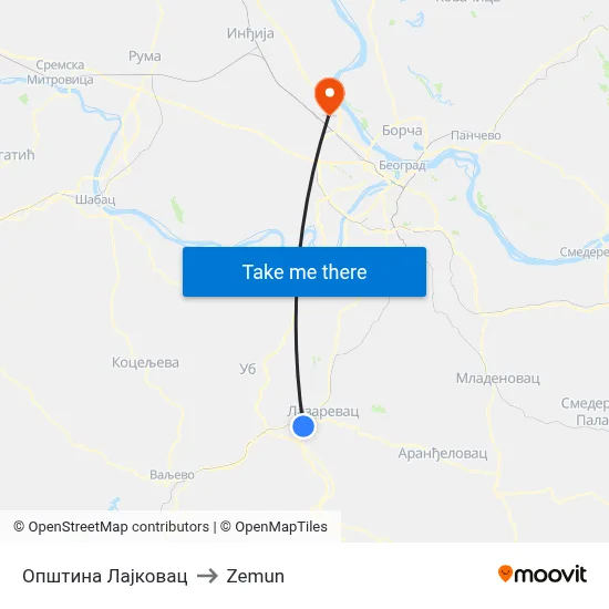 Lajkovac Municipality to Zemun map