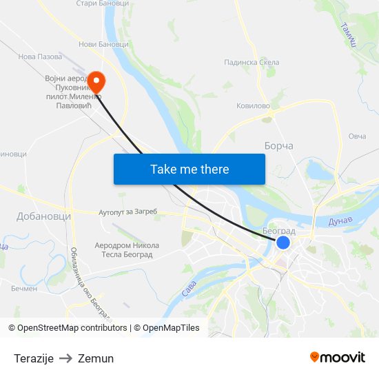 Terazije to Zemun map