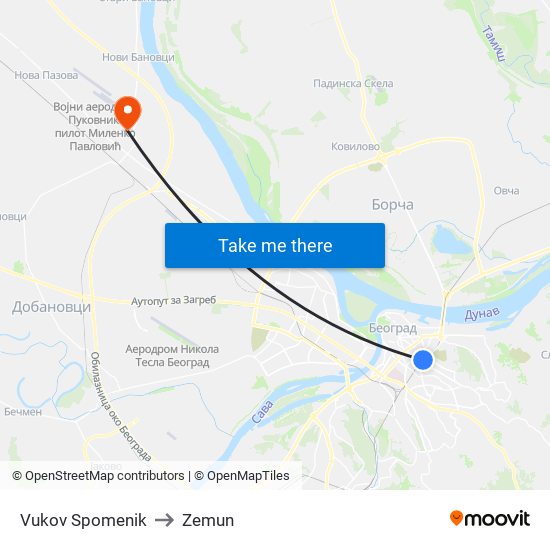 Vukov Spomenik to Zemun map