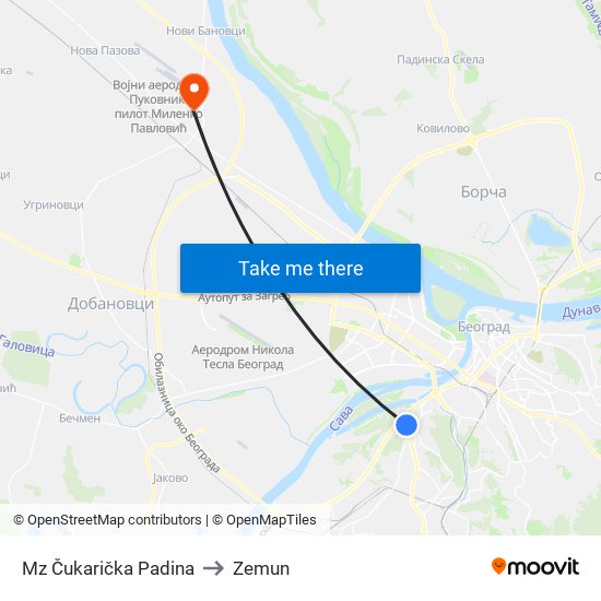 Mz Čukarička Padina to Zemun map