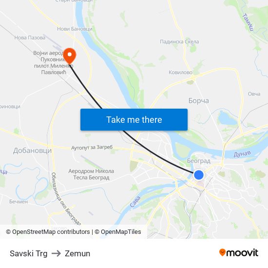 Savski Trg to Zemun map