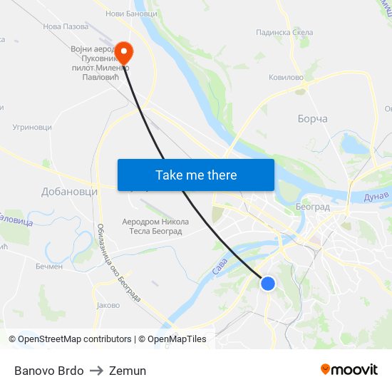 Banovo Brdo to Zemun map