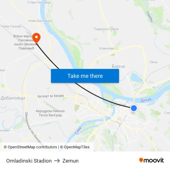 Omladinski Stadion to Zemun map