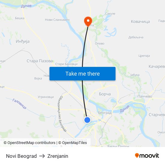 Novi Beograd to Zrenjanin map