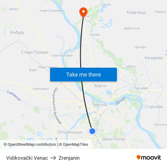 Vidikovački Venac to Zrenjanin map