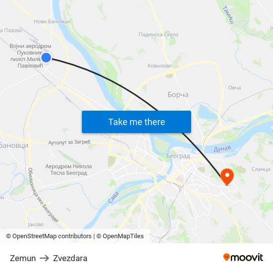 Zemun to Zvezdara map