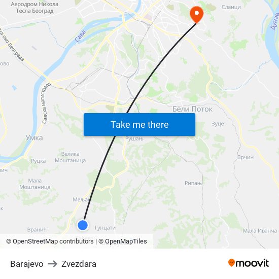 Barajevo to Zvezdara map