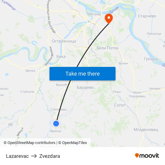 Lazarevac to Zvezdara map