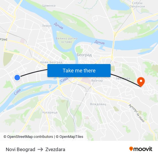 Novi Beograd to Zvezdara map