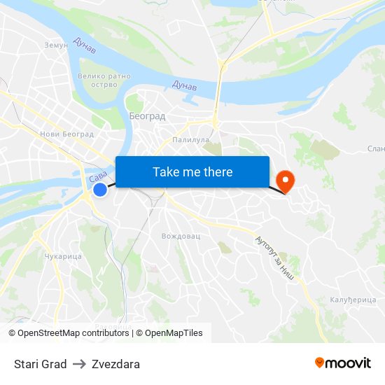 Stari Grad to Zvezdara map
