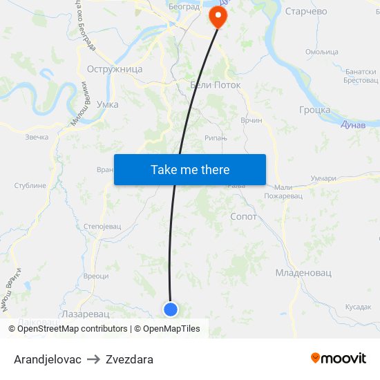 Arandjelovac to Zvezdara map